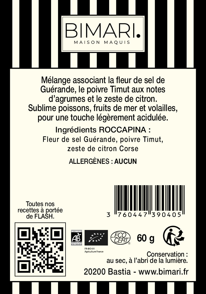 Étiquette au dos du doypack Roccapina Bimari