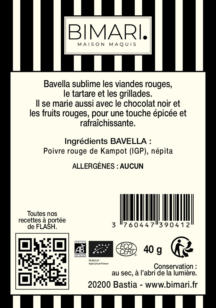 Étiquette au dos du doypack Bavella Bimari