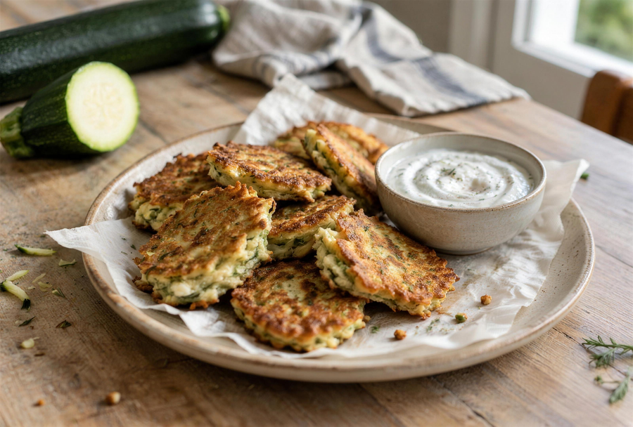 Beignets de courgette au brocciu et à l'Alesani, faits maison, servis avec une sauce au yaourt
