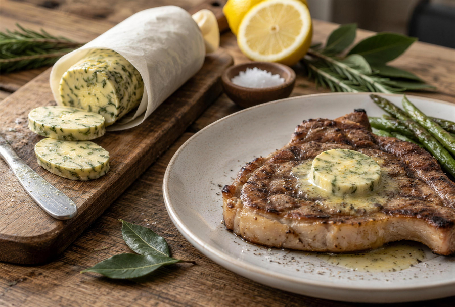 Beurre composé à la MACHJA et au zeste de citron, en rondelles sur une viande grillée