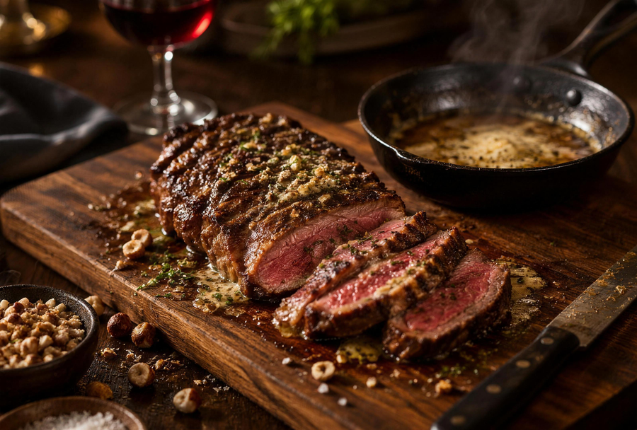 Bœuf tranché arrosé de beurre noisette aux cèpes et à la truffe, Balanina