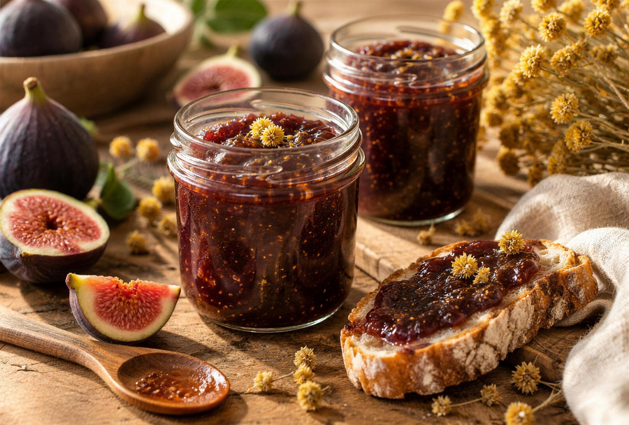 Confiture de figues maison infusée à l'immortelle, en pots