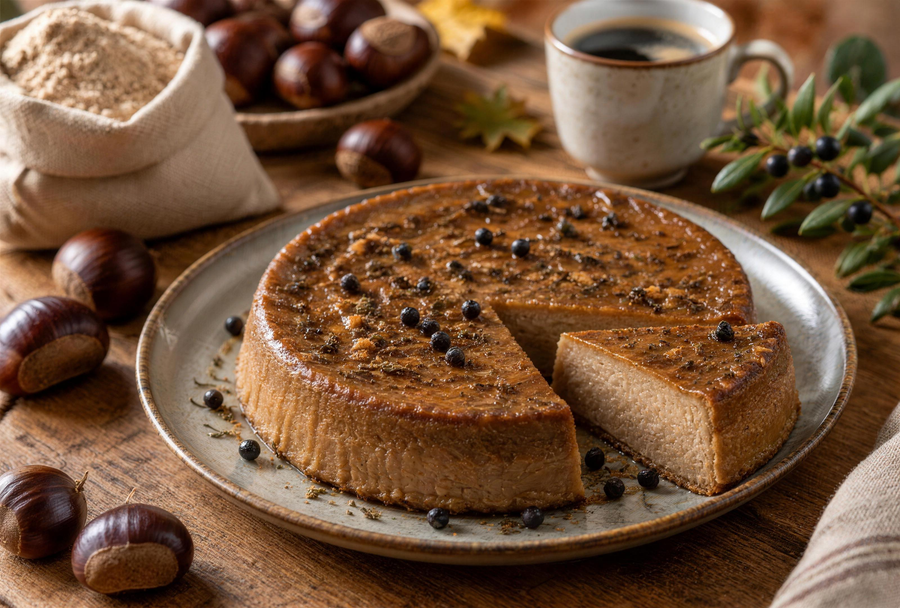 Flan de châtaigne aux éclats de myrte, une part coupée