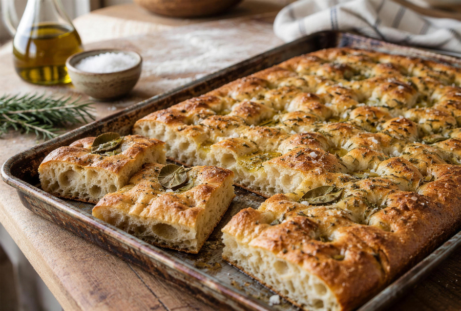 Focaccia maison à la MACHJA, herbes du maquis corse, huile d'olive et gros sel