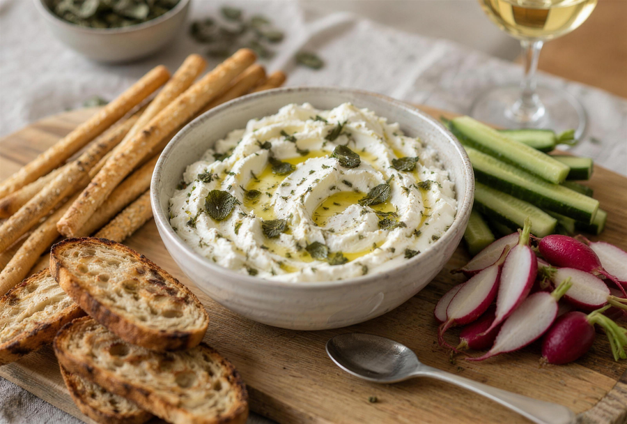 Fromage frais aux herbes à la népita, servi en tartinade avec gressins et crudités