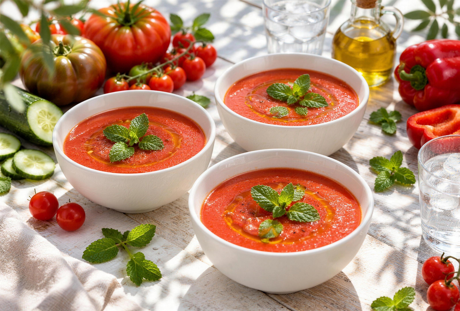 Gaspacho corse à la népita et à l'Alesani, servi froid en bols avec tomates et huile d'olive