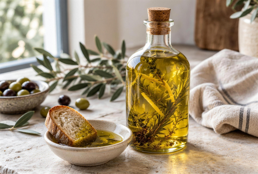 Huile d'olive infusée à l'Alesani en bouteille, avec du pain de campagne