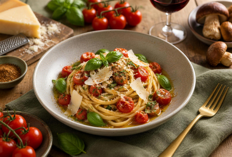 Linguine à la Balanina, tomates cerises, parmesan et basilic dans une assiette creuse