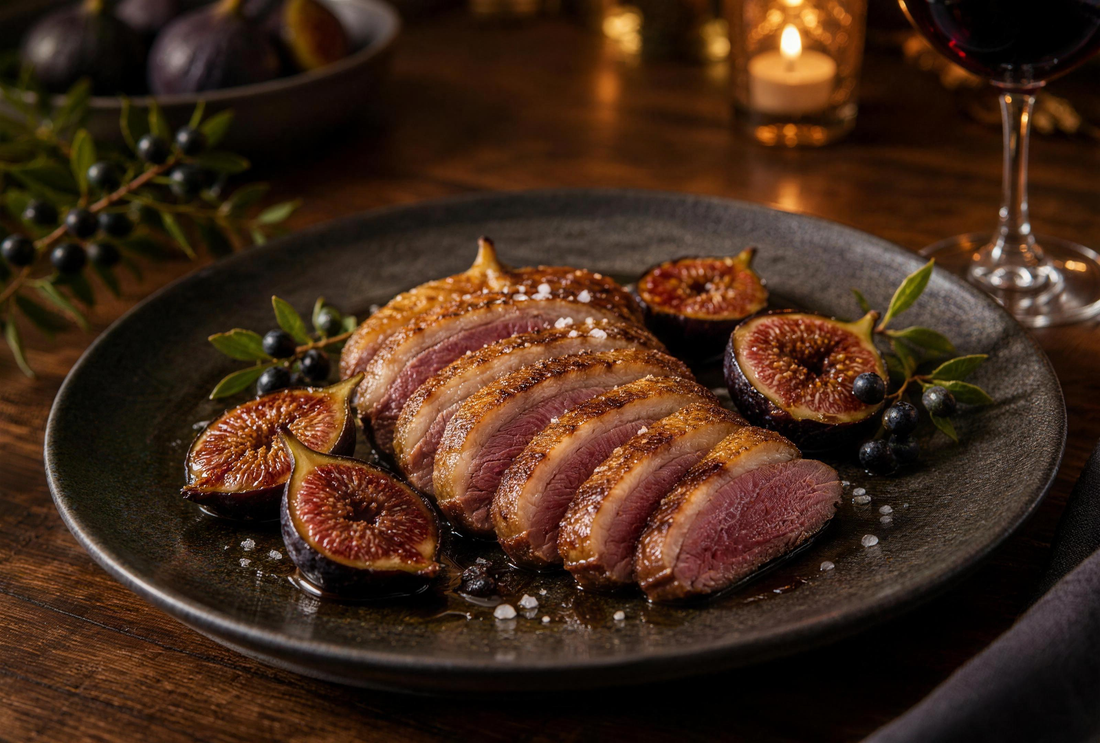 Magret de canard tranché, figues rôties au miel et Saleccia