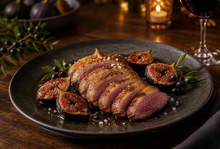 Magret de canard tranché, figues rôties au miel et Saleccia
