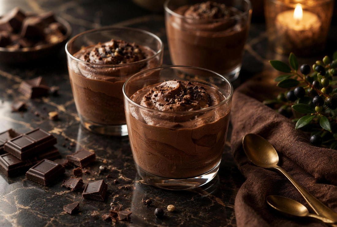 Mousse au chocolat noir et Capu d'Ortu en verrines, sur une table de marbre sombre avec copeaux de chocolat et myrte