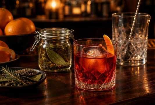 Negroni au gin infusé à la MACHJA, zeste d'orange