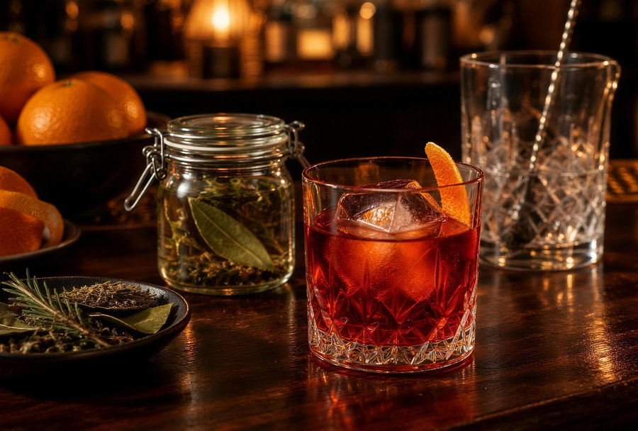 Negroni au gin infusé à la MACHJA, zeste d'orange