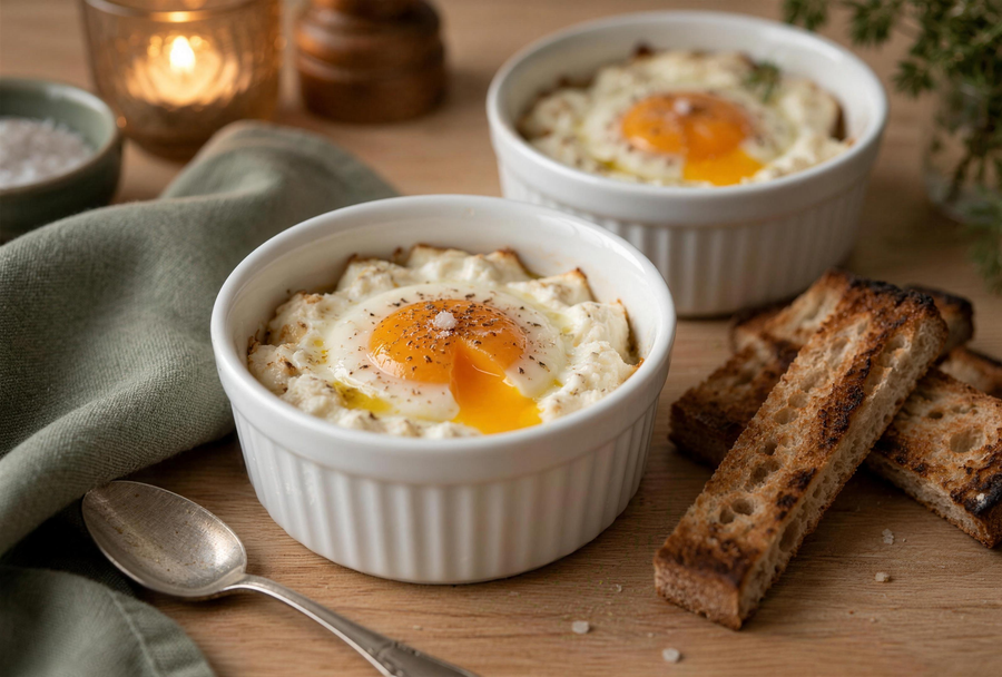 Œufs cocotte au brocciu et fleur de sel Nonza, mouillettes de pain