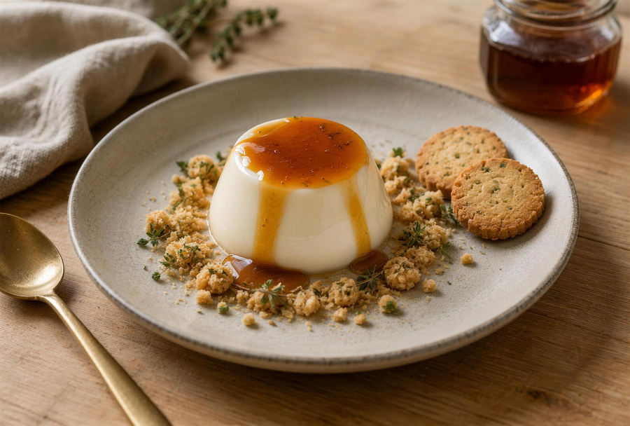 Panna cotta au brocciu et miel de châtaignier, sablé à l'Alesani