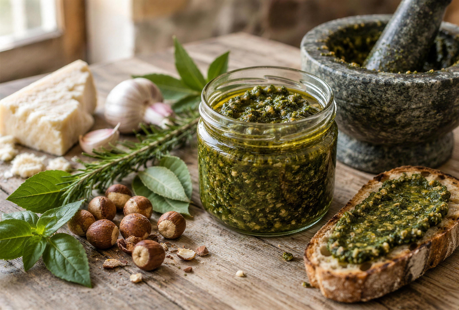 Pesto corse maison à la MACHJA et aux noisettes, en pot avec un mortier