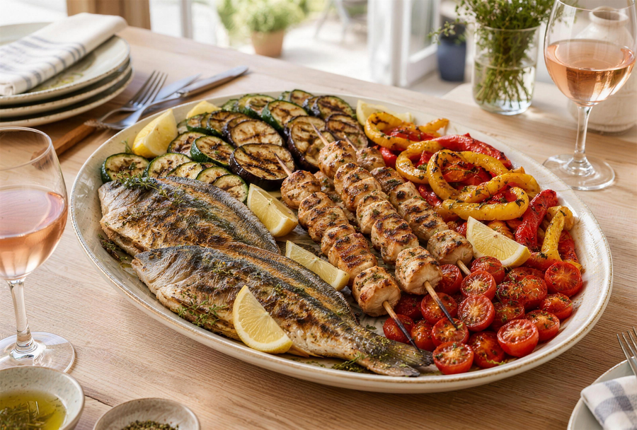 Plancha d'été à l'Alesani : dorade, brochettes de poulet et légumes grillés sur un plat de service