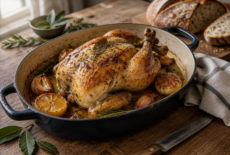 Poulet fermier rôti aux herbes du maquis MACHJA, ail confit et citron, dans un plat en fonte