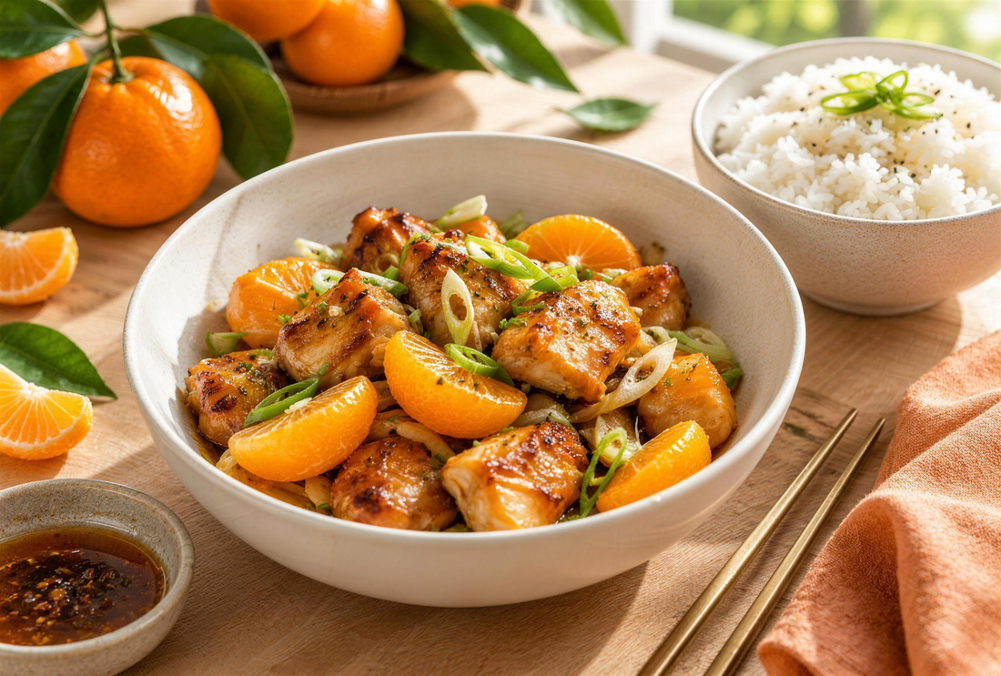 Poulet sauté aux clémentines de Corse et Monte d'Oro, servi avec du riz