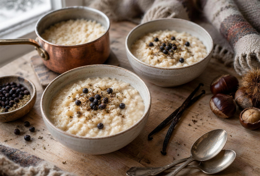 Riz au lait de châtaigne aux éclats de myrte
