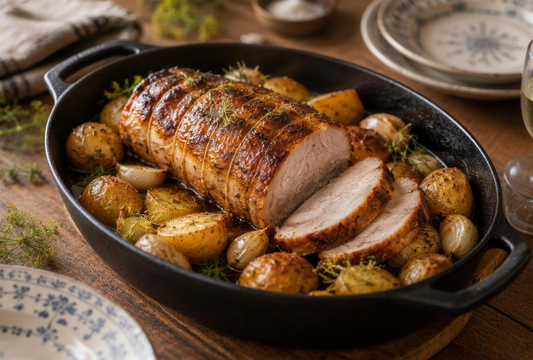 Rôti de porc au fenouil sauvage et pommes de terre fondantes