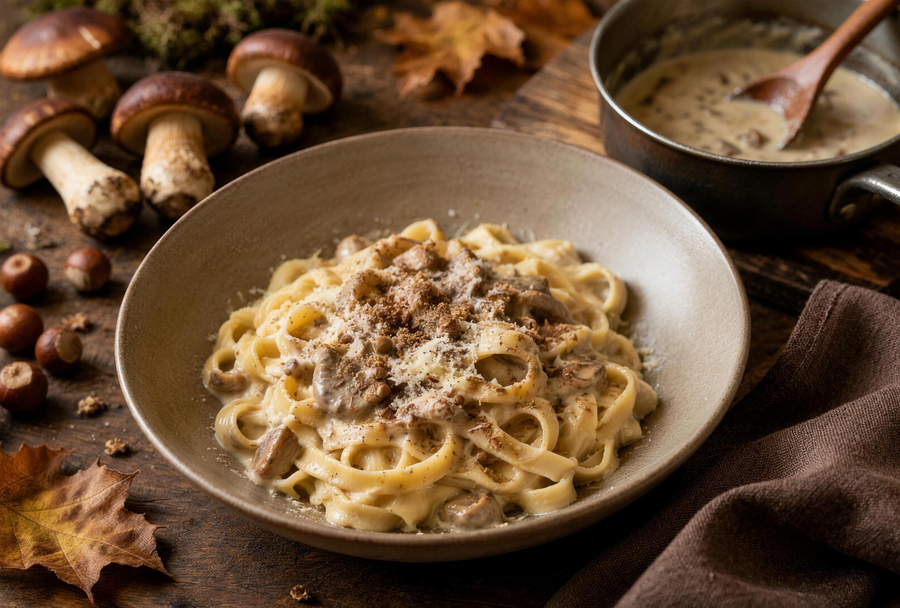 Tagliatelles nappées de sauce crème express à la Balanina, cèpes et noisettes