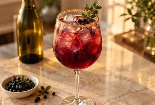 Spritz au sirop de myrte, bord du verre givré de sel Balanina