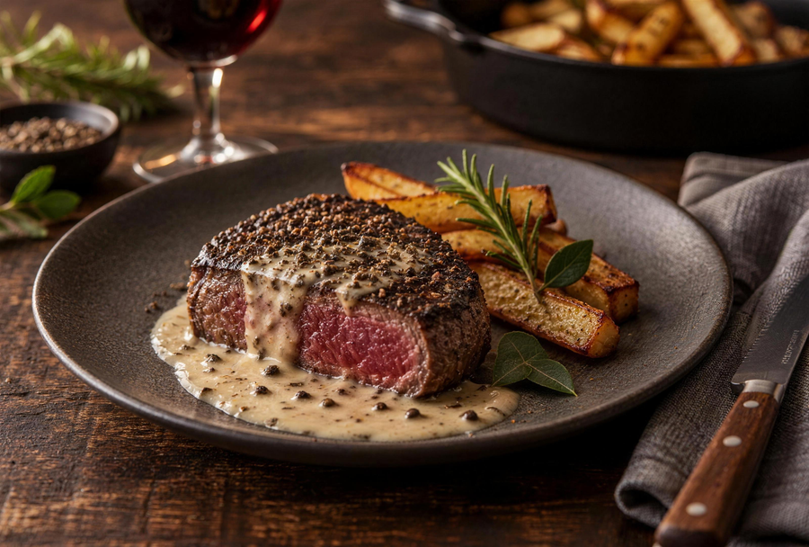 Steak au poivre Monte Cinto nappé de sauce à la crème, dans une assiette en céramique anthracite