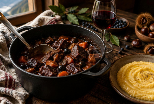 Stufatu di cignale, civet de sanglier corse au vin rouge, servi en cocotte avec de la polenta