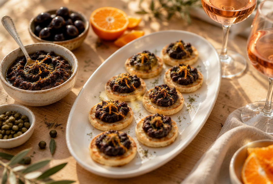 Tapenade corse à l'Alesani sur blinis, olives et câpres