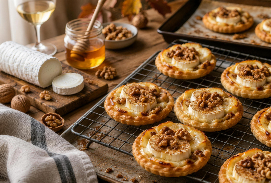 Tartelettes chèvre-miel à la Balanina, noix concassées, à la sortie du four