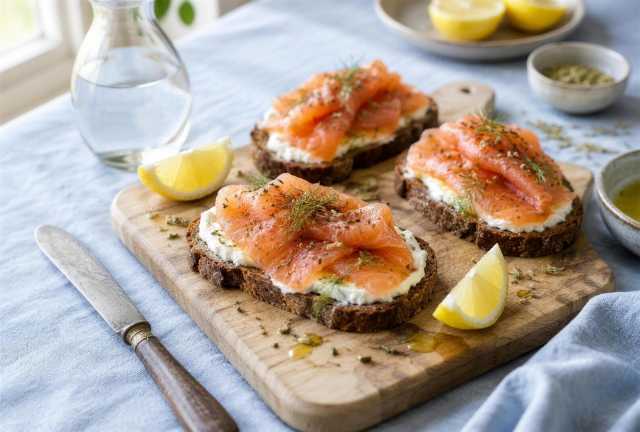 Tartines de saumon gravelax à l'Alesani, fromage frais et citron