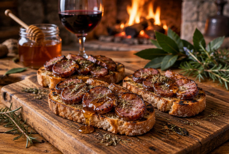 Toasts de figatellu grillé, miel de châtaignier et MACHJA