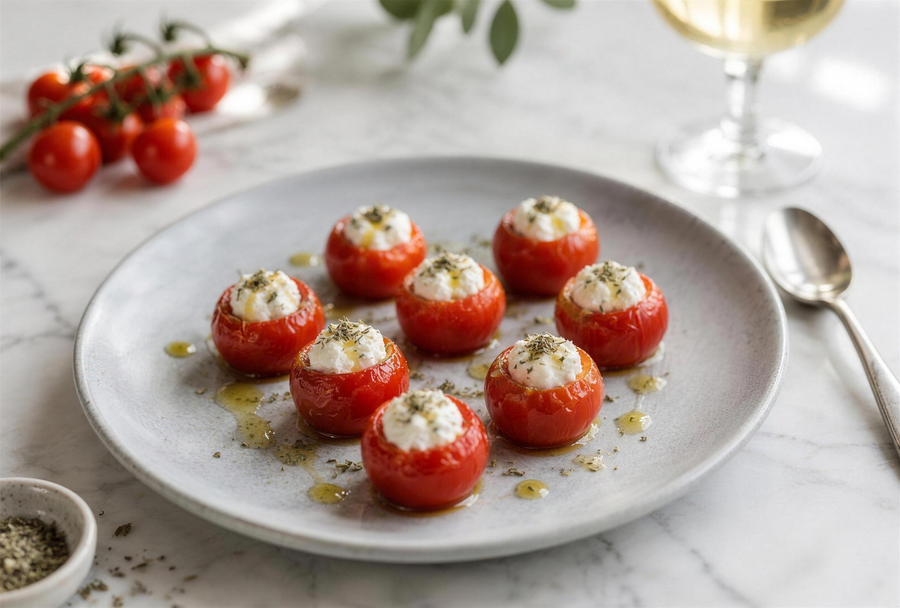 Tomates confites farcies au brocciu et à l'Alesani, en bouchées