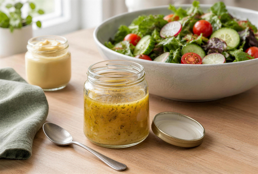Vinaigrette express à l'Alesani en bocal, devant une salade composée