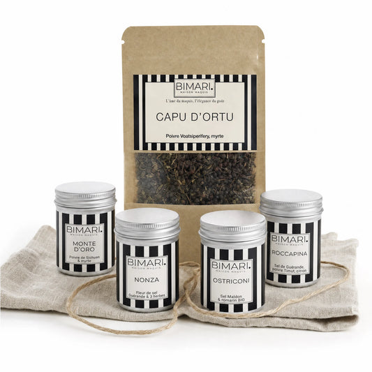 Coffret Mer Bimari : poivres Capu d'Ortu et Monte d'Oro, sels Nonza, Ostriconi et Roccapina