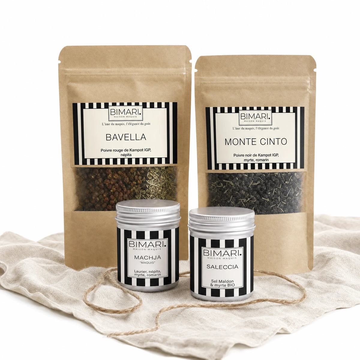 Coffret Terre Bimari : poivres Bavella et Monte Cinto, sel Saleccia et MACHJA