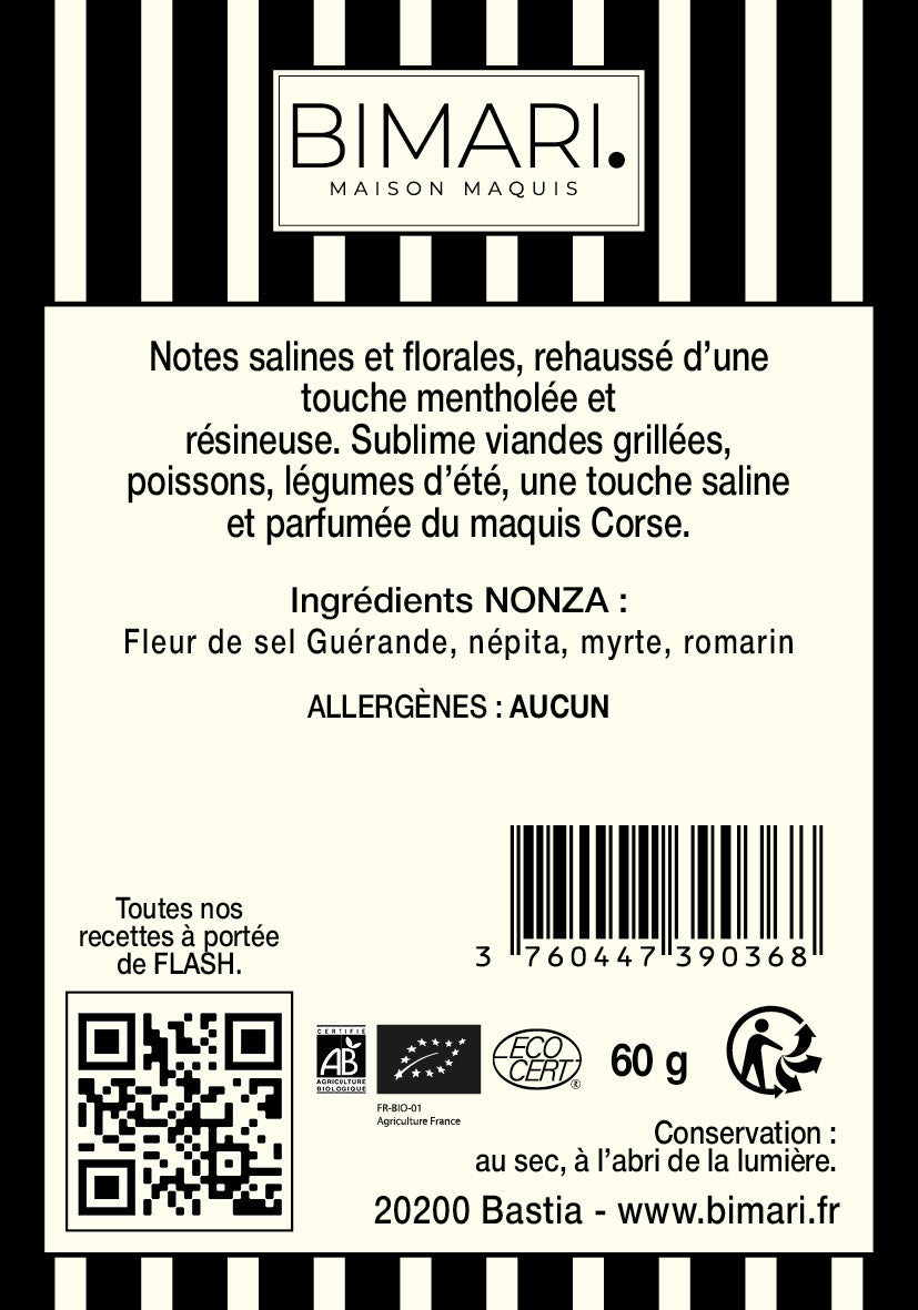 Étiquette au dos du doypack Nonza Bimari