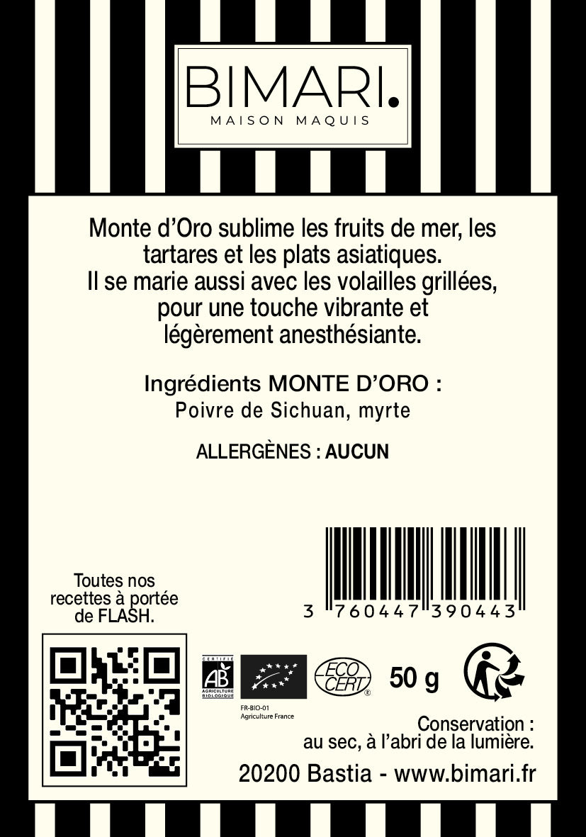 Étiquette au dos du doypack Monte d'Oro Bimari