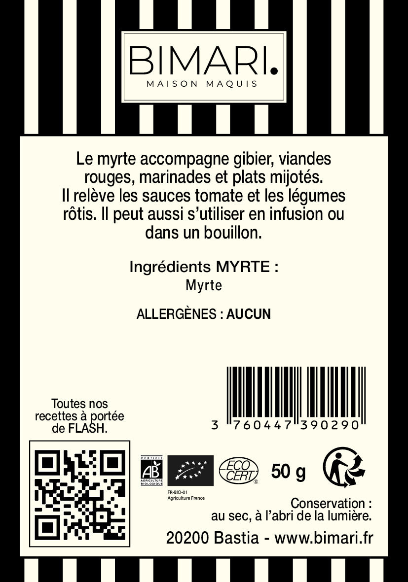 Étiquette au dos du doypack Myrte Bimari