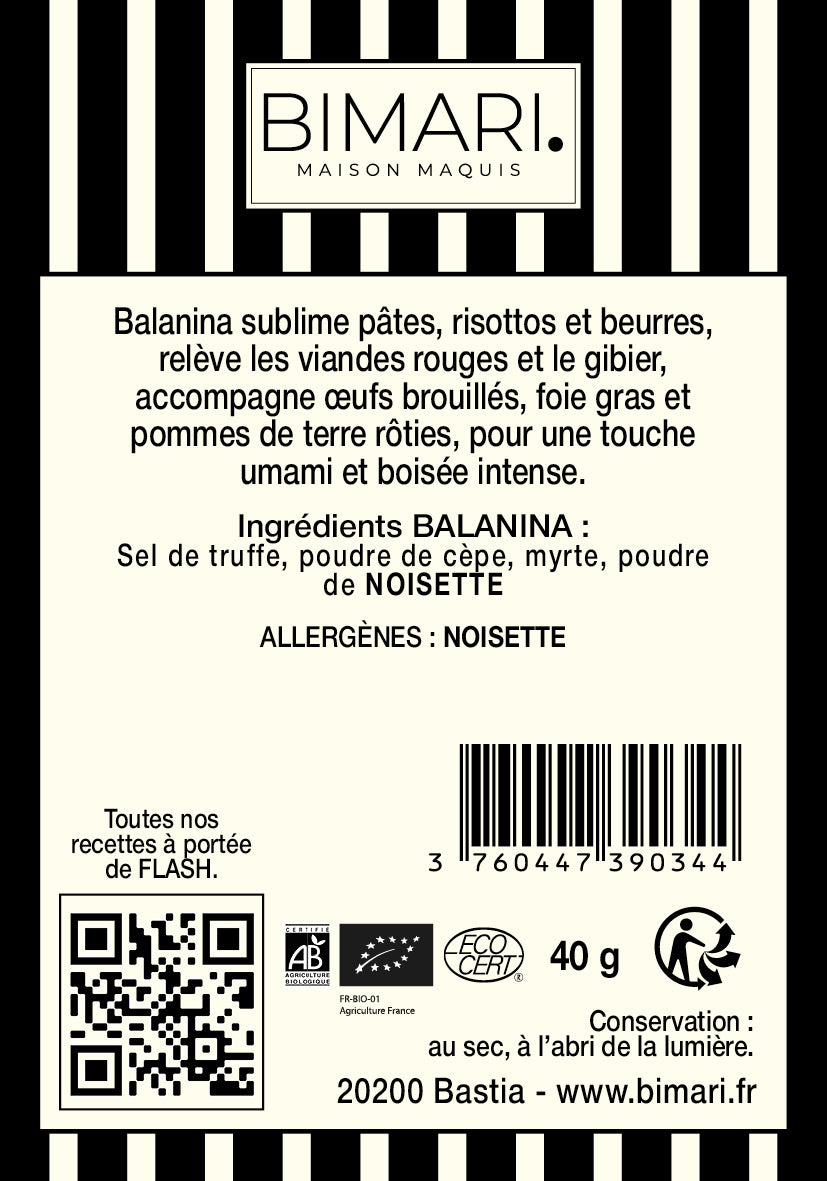 Étiquette au dos du doypack Balanina Bimari
