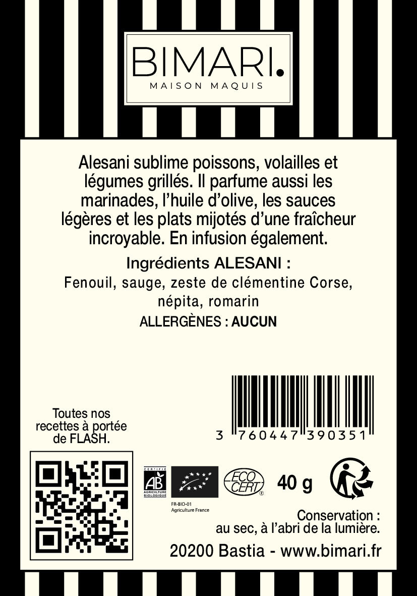Étiquette au dos du doypack Alesani Bimari
